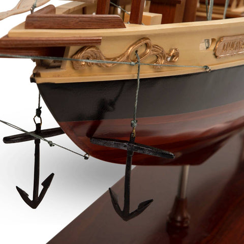 Image of Close view of the bow of the Authentic Models Painted Bluenose II Scale Model Sailing Ship AS138