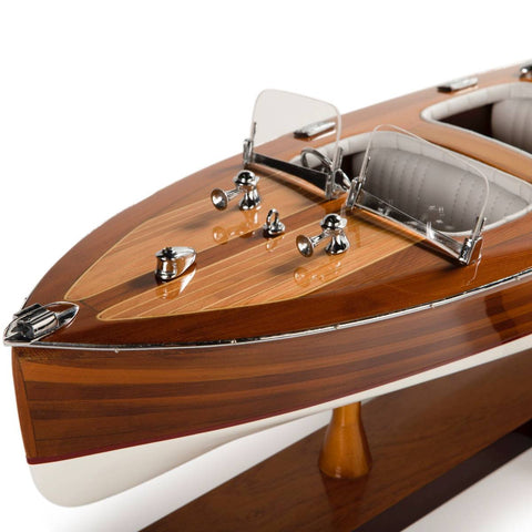 Image of Close-up view of the bow of the Authentic Models Triple Cockpit Scale Speedboat AS183