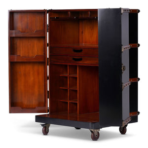 Open side view of the Authentic Models Black Polo Club Liquors Bar Cabinet MF114XB